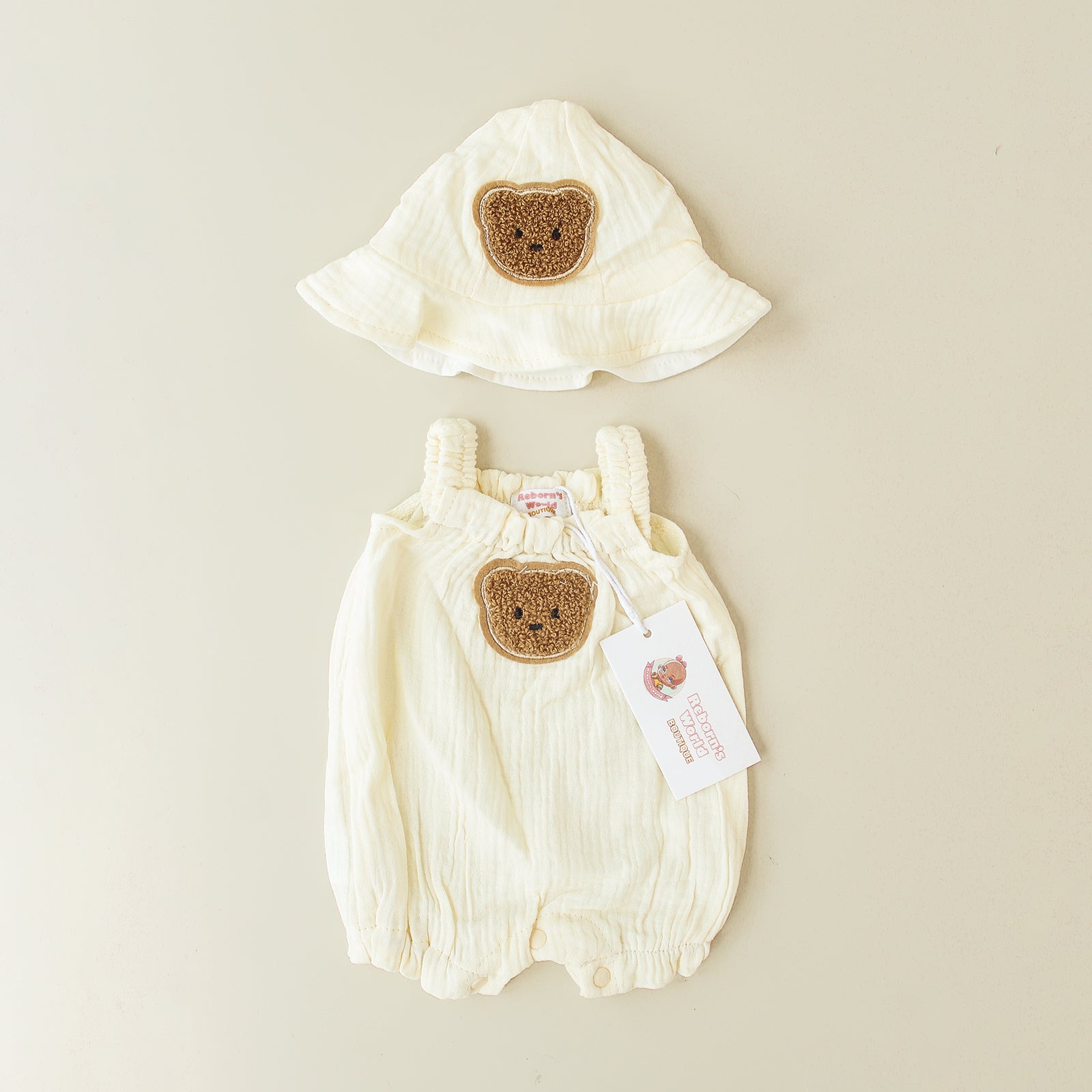 Conjunto de mascota y gorro de lino con orejas - Para bebés reborn de 44 a 52 cm