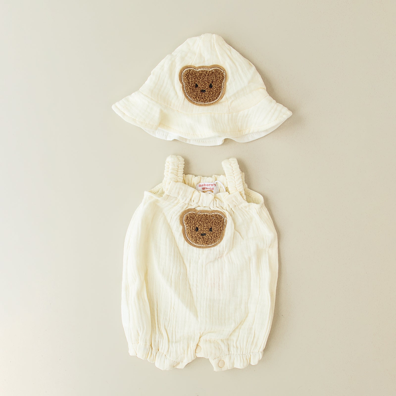 Conjunto de mascota y gorro de lino con orejas - Para bebés reborn de 44 a 52 cm