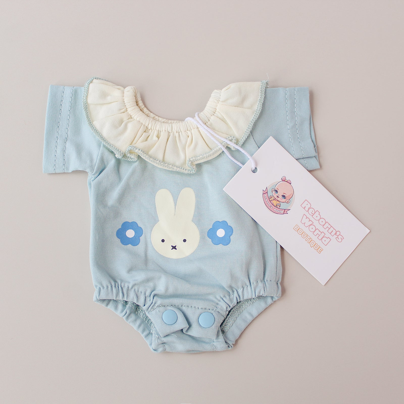 Ranita cuello bobo celeste print conejito – Para bebés reborn de 33cm