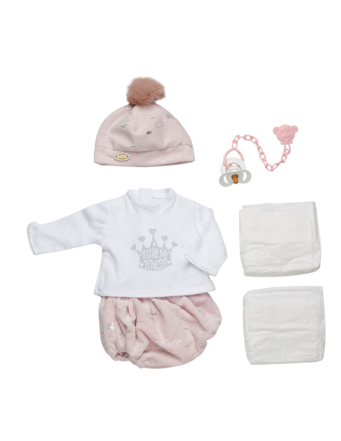 Conjunto para bebé reborn de 46 cm de altura: pelo sintético rosa de lana, camiseta blanca de manga larga, gorro con pompón, patitas y chupete con cadena. 